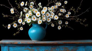 Vibrant Daisies in Teal Vintage Jug Rustic Wooden Table Dark Background Floral Still Life photo