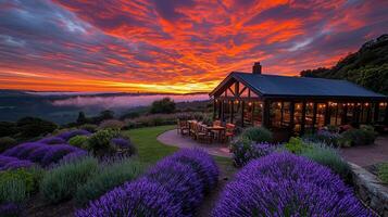 Stunning Sunset over Lavender Fields and Hilltop Pavilion Scenic Landscape Photography photo