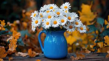 Autumnal Bouquet Daisies in Blue Pitcher Rustic Fall Setting photo