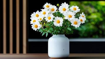 Elegant White Daisy Bouquet in a Modern Ribbed Ceramic Vase photo