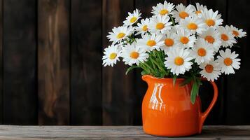 Vibrant White Daisies in Orange Pitcher Rustic Wooden Background Floral Still Life Photography photo