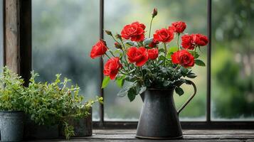 Vibrant Red Roses in Vintage Metal Pitcher on Windowsill photo