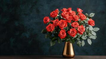 Vibrant Red Roses in Gold Vase Romantic Floral Arrangement Dark Background photo