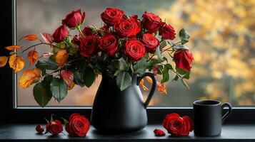 Autumnal Still Life Red Roses in Black Pitcher near Window Fall Leaves photo