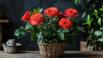Vibrant Red Roses in a Rustic Wicker Basket Close Up Flower Photography photo