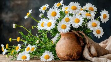 Rustic Still Life Photography Beautiful Bouquet of White Daisies in Earthenware Pot photo