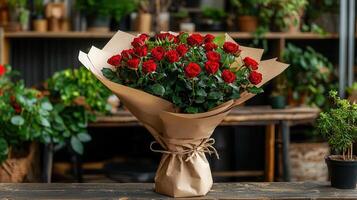 Elegant Bouquet of Red Roses Wrapped in Kraft Paper Florist Shop Setting photo