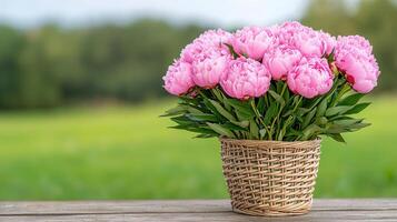 Beautiful Pink Peonies in Rustic Woven Basket Spring Flowers Outdoor Setting photo