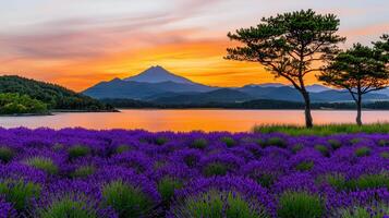 Serene Sunset Landscape Lavender Field Mountain Lake and Volcanic Peak at Golden Hour photo