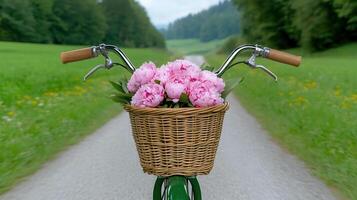Bicycle with Pink Peonies in Basket on Scenic Country Road photo