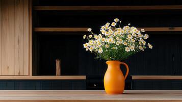 Rustic Kitchen Decor Chamomile Flowers in Orange Pitcher on Wooden Counter photo