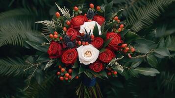 Elegant Red and White Rose Bridal Bouquet with Berries and Greenery photo