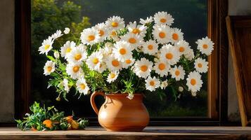 Sunlit Daisies in Rustic Brown Clay Pot Window Sill Still Life Spring Flowers photo