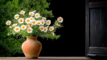 Rustic Clay Pot with Blooming White Daisies near Dark Wooden Door photo