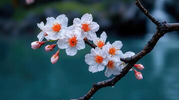 Delicate White Blossoms with Dew Drops on a Branch Springtime Nature Photography photo