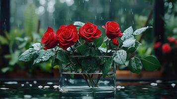Romantic Red Roses in Glass Vase Rain Drops Lush Greenery Garden Setting photo