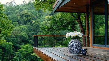 Serene Deck Scene Daisies in Vase Mountain View Coffee Mug photo