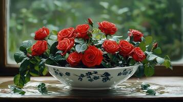 Vibrant Red Roses in Porcelain Bowl Rain Drops Window Background photo