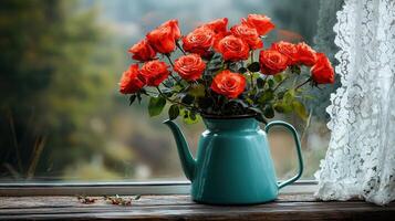 Vibrant Red Roses in Teal Teapot on Windowsill Rustic Still Life Photography photo