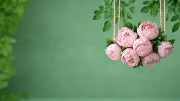 Elegant Pink Peonies Hanging Against Green Background Floral Decor Spring Blooms Romantic Design photo