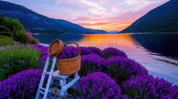 Lavender Field Sunset Landscape Scenic Lake Mountains View with Basket photo