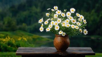 Rustic Brown Vase with Daisies Beautiful Spring Bouquet on Wooden Table Outdoor Nature Background photo