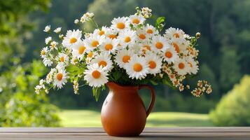 Vibrant Bouquet of Daisies in Rustic Brown Jug Spring Flowers Nature Background photo