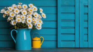 Vibrant Daisies in Teal Pitcher Rustic Blue Wooden Background Yellow Watering Can photo