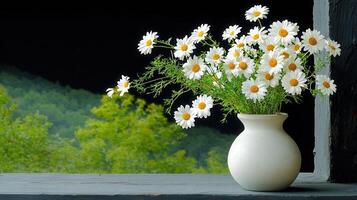 Vibrant Bouquet of Daisies in White Vase Rustic Windowsill Setting Spring Flowers photo