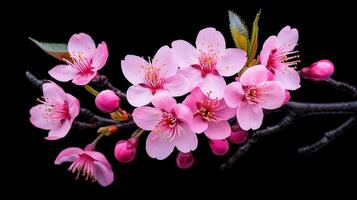 Stunning Pink Cherry Blossoms Branch Isolated on Black Background photo