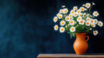Vibrant Bouquet of Daisies in Rustic Terracotta Vase against Dark Blue Background photo