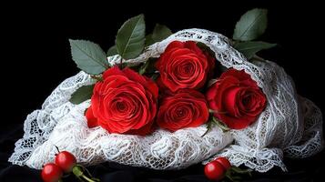 Romantic Red Roses Wrapped in Delicate White Lace on Black Background photo