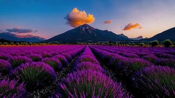Stunning Sunset over Lavender Fields and Majestic Mountains in Provence photo