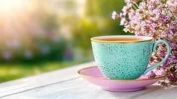 Tranquil Teacup Serene Outdoor Scene with Tea and Flowers photo