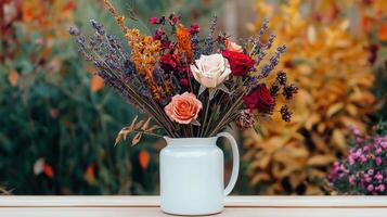 Autumnal Dried Flower Arrangement in White Pitcher Rustic Fall Bouquet Romantic Dried Roses Lavender photo