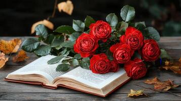 romántico rojo rosas en abierto libro con otoño hojas todavía vida fotografía foto