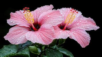 Two Pink Hibiscus Flowers with Dew Drops Close Up Nature Photography photo