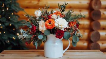 Festive Autumn Floral Arrangement in White Pitcher Rustic Log Cabin Background photo