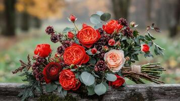Luxurious Autumnal Red Peach Rose Bouquet on Rustic Wood photo