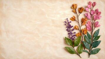 Elegant Dried Flowers Arrangement on Beige Paper Background Autumnal Colors Floral Design photo
