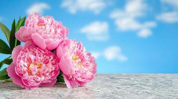 Stunning Pink Peonies Bouquet on Granite Surface Bright Sunny Sky Background photo