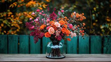 Vibrant Autumn Floral Arrangement in Glass Vase Rustic Outdoor Setting photo