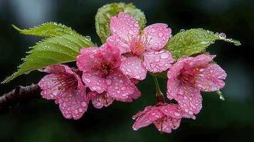 Pink Cherry Blossoms with Dew Drops After Rain Close Up Spring Flowers Macro Photography photo