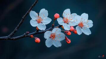 Delicate White Blossoms on a Dark Branch Springtime Floral Macro Photography photo