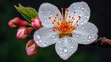 Close up of Dew Covered White Flower Blossom with Pink Buds Macro Photography photo