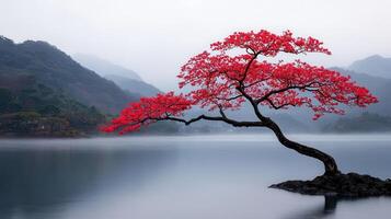 Serene Red Tree on Lake in Misty Mountain Landscape Tranquil Nature Scene photo