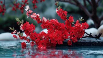 Vibrant Red Flowers Blooming Branch Over Water Spring Blossom Nature Photography photo