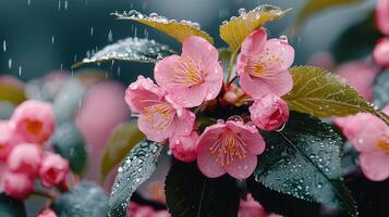 Pink Blossom Flowers in Rain Spring Nature Macro Photography Water Drops photo
