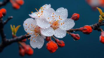 Stunning Dew Kissed White Blossoms on Branch Spring Nature Macro Photography photo