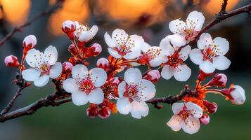 Delicate Spring Blossoms Close up of White and Red Plum Tree Flowers in Sunset Light photo